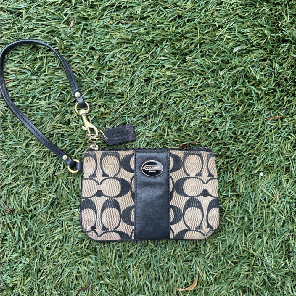 Coach Black and Tan Signature Canvas Wristlet with Detachable Strap